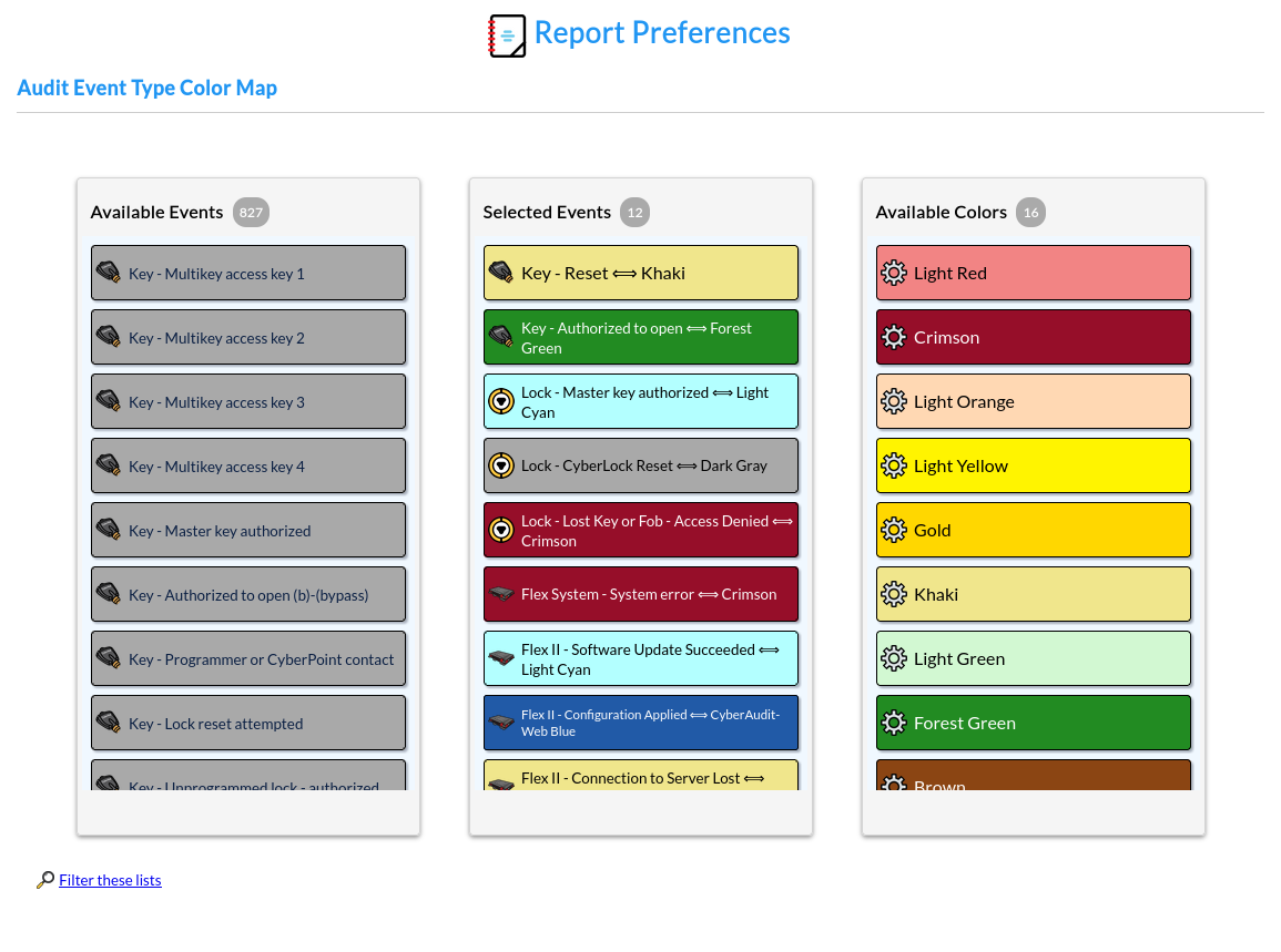 Report Audit Event Color Map
